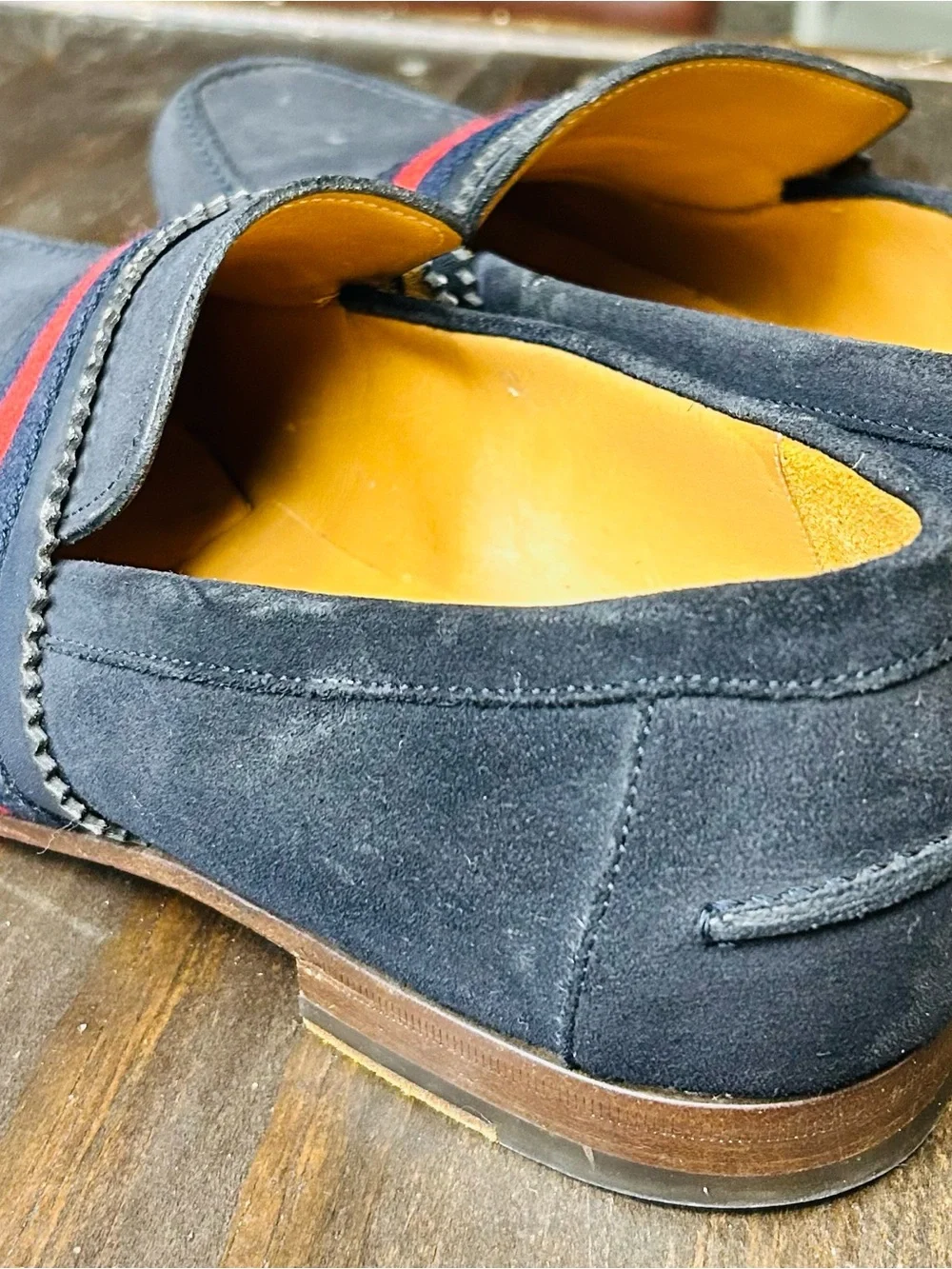 Gucci Navy Suede Loafers with Red & Navy Web Band